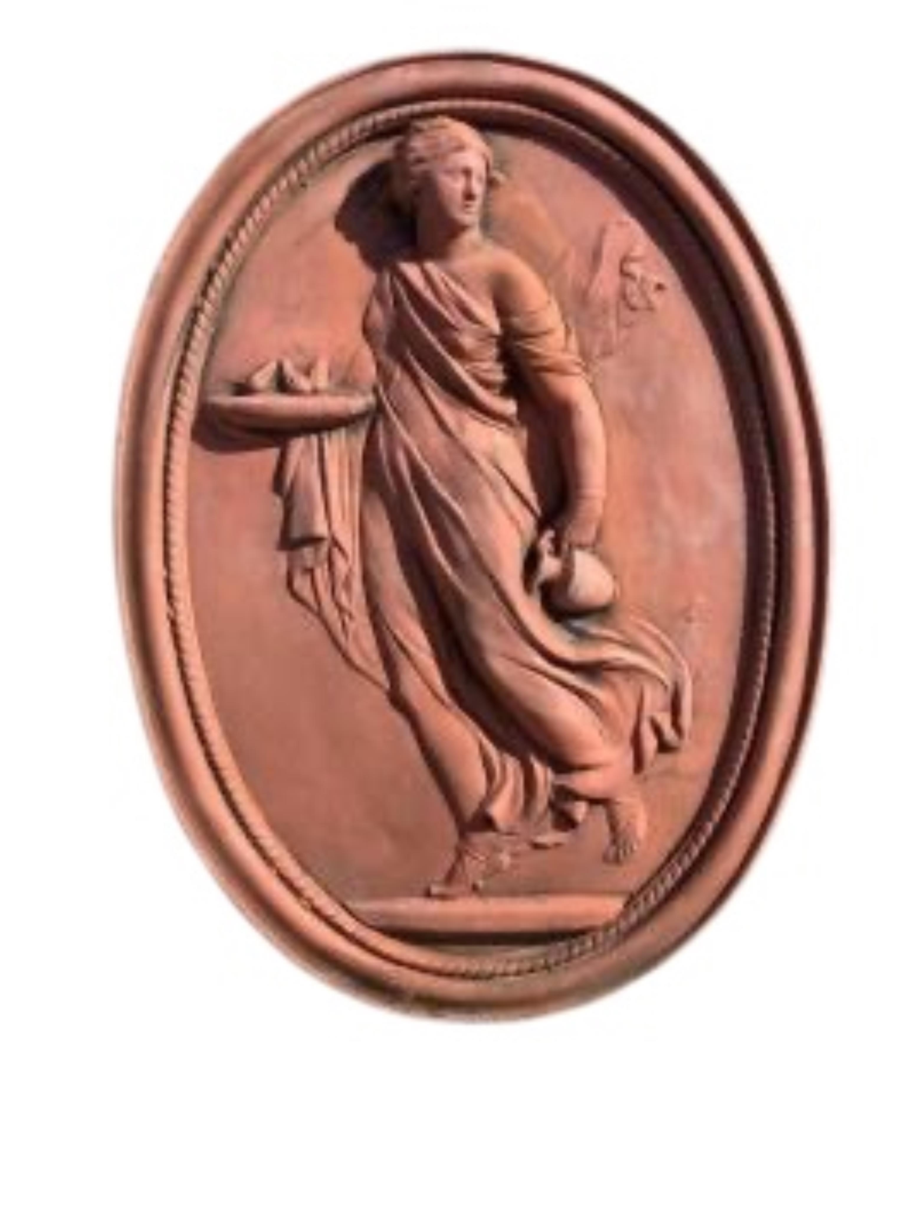 A pair of oval terracotta classical figure garden wall plaques, width 37cm, height 51cm